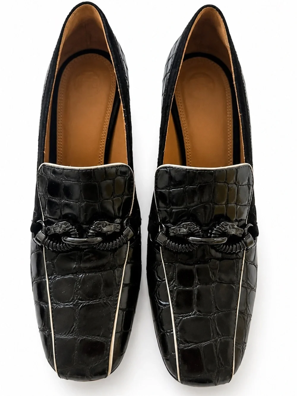 Tory Burch Black Croc Embossed Leather Gold Block Heel Size 8 w/ Box